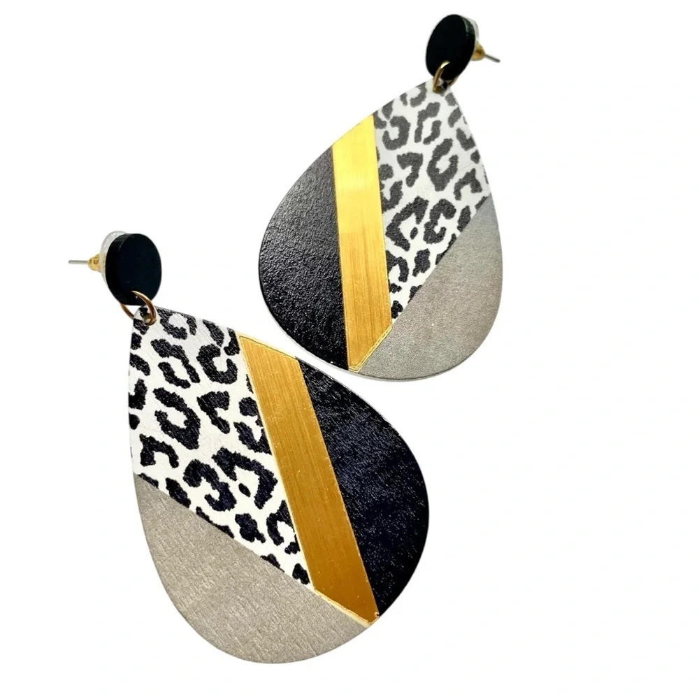 Boho Chic Leopard Print Waterdrop Earrings Retro Glam 80s Hippie Style - Picture 5 of 9